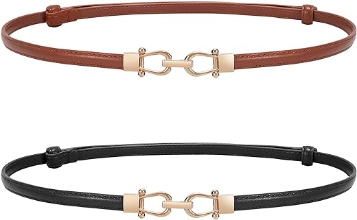 WERFORU Women 2 Pack Skinny Belt for Dress,Thin Waist Belt - Adjustable Leather Belt with Gold Buckle