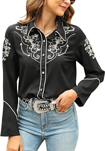 Western Shirts for Women Cowgirl Sexy Dressy Long Sleeve Black Embroidered Button Up Ladies Blusas Vaqueras para Mujer