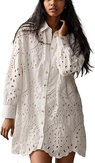 Women’s Button Down Shirt Dress Solid Eyelet Embroidery Cover Up Dress Casual Oversized Long Sleeve Blouse Tops