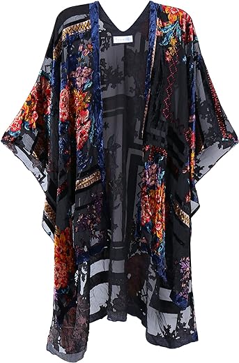 Women's Burnout Velvet Kimono Long Cardigan Cover Up Without Tassel