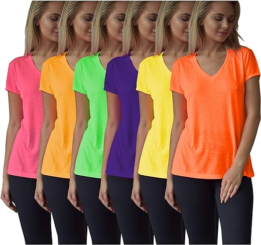 Women's Everyday Flowy Slub Burnout Active Casual Workout V Neck T Shirt Tops- 6 Pack