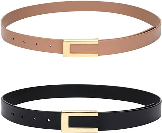 Womens Leather Belt Skinny Waist Belt for Dresses Jeans Pants with Gold Buckle