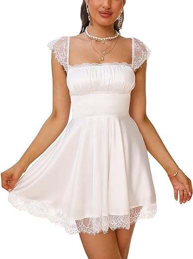 Women's Satin Lace Strap Mini Dress Square Neck Flowy A-Line Ruffle Swing Casual Short Dresses