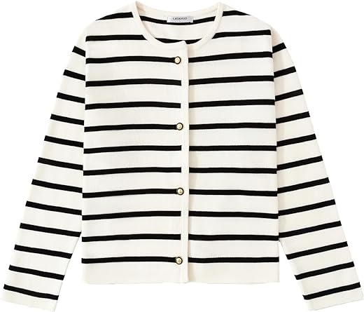 Women's Striped Cardigan Sweater Trendy Long Sleeve Button Down Crewneck Knit Cardigans