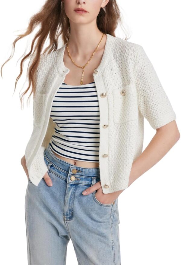 Women's Summer Cropped Cardigan Knitted Blouse Top Short Sleeve Crewneck Button Up Open Front T Shirts 2024 Trendy