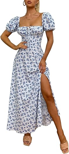 Women's Summer Puff Sleeve Floral Split Maxi Dress Flowy A Line Casual Beach Long Dresses