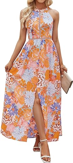 ZESICA Women's 2023 Summer Halter Neck Floral Print Backless Split Beach Party Maxi Dress