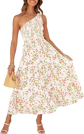 ZESICA Women's 2024 Bohemian Summer Floral Print One Shoulder Sleeveless Smocked Ruffle Tiered Beach Long Midi Dress