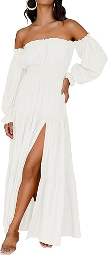 ZESICA Women's 2024 Boho Sexy Off Shoulder Long Sleeve Smocked High Waist Side Split Flowy A Line Tiered Long Maxi Dress