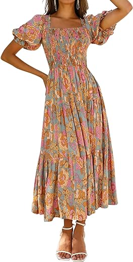 ZESICA Women's 2024 Summer Boho Floral Print Square Neck Ruffle Swing Beach Long Maxi Dress