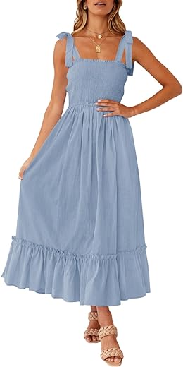 ZESICA Women's 2024 Summer Boho Spaghetti Strap Square Neck Solid Color Ruffle A Line Beach Long Maxi Dress