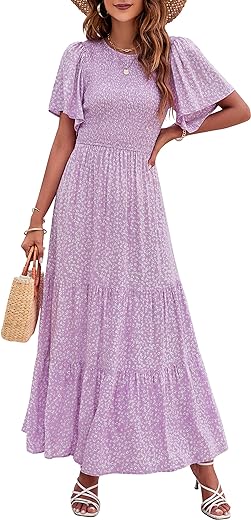 ZESICA Women's 2024 Summer Casual Floral Print Short Flutter Sleeve Crew Neck Smocked High Waist Flowy Maxi Dress