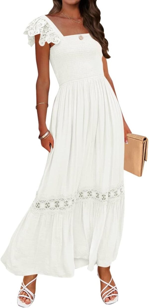 ZESICA Women's 2024 Summer Lace Strap Sleeveless Square Neck Smocked High Waist Ruffle Hollow Out Flowy A Line Maxi Dress