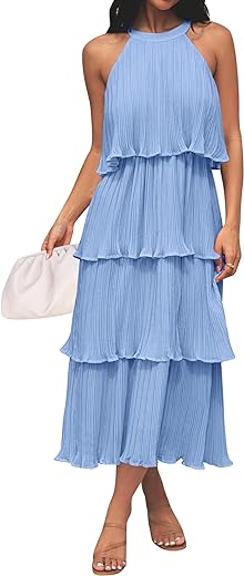 ZESICA Women's 2024 Summer Sleeveless Halter Neck Ruffle Tiered Layed Chiffon Flowy Swing Long Midi Dress