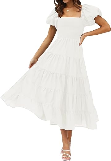 ZESICA Women's 2024 Summer Square Neck Short Puff Sleeve Solid Color High Waist Casual Smocked Flowy A Line Tiered Midi Dress